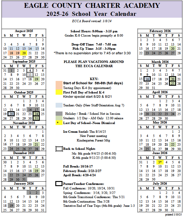 2025-26 ECCA School Calendar